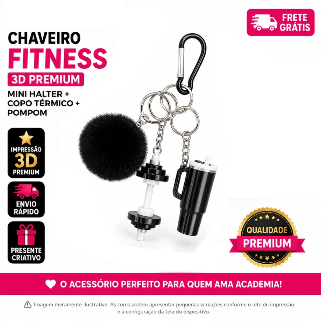 Chaveiro Miniatura Garrafinha Fitness - Academia - Halter - Pompom Presente Criativo Feminino