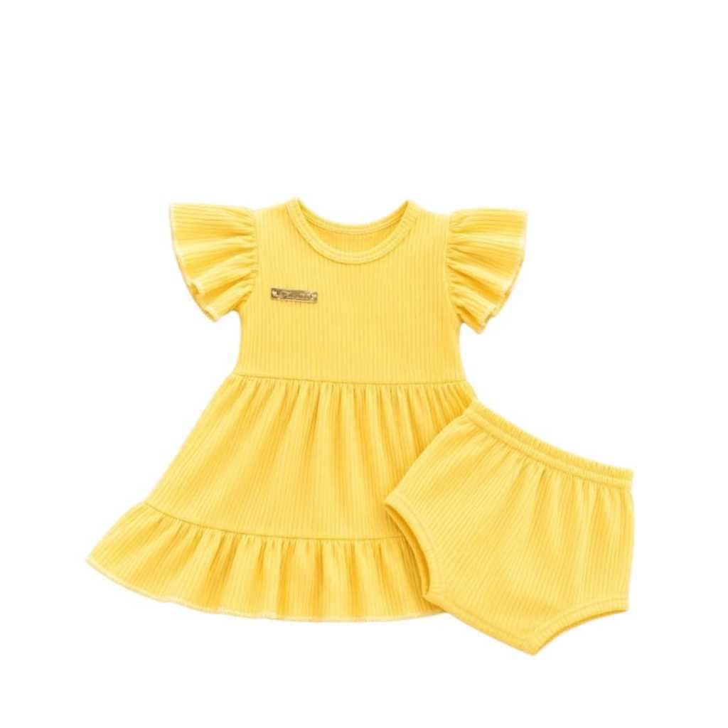 Vestido Bebê Canelado com Calcinha Tapa Fralda 0 a 6 Meses Manga Bufante Infantil