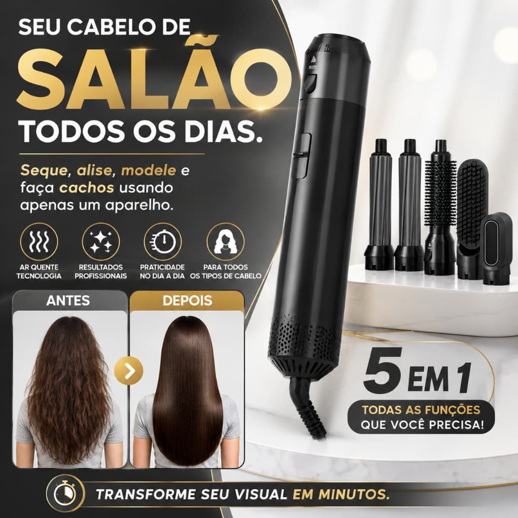 Escova Secadora 5 em 1 110V Modeladora Alisadora Secador de Cabelo Ar Quente Multiuso Profissional