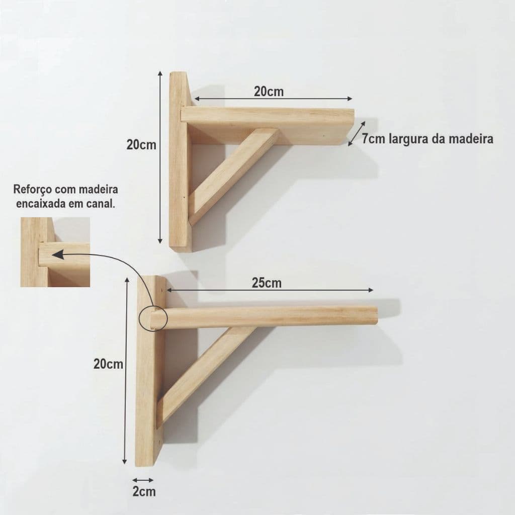 Kit Suporte Parede Madeira P/ Prateleira e Planta, Mão Francesa Reforçada Comprimentos 20 cm e 25 cm