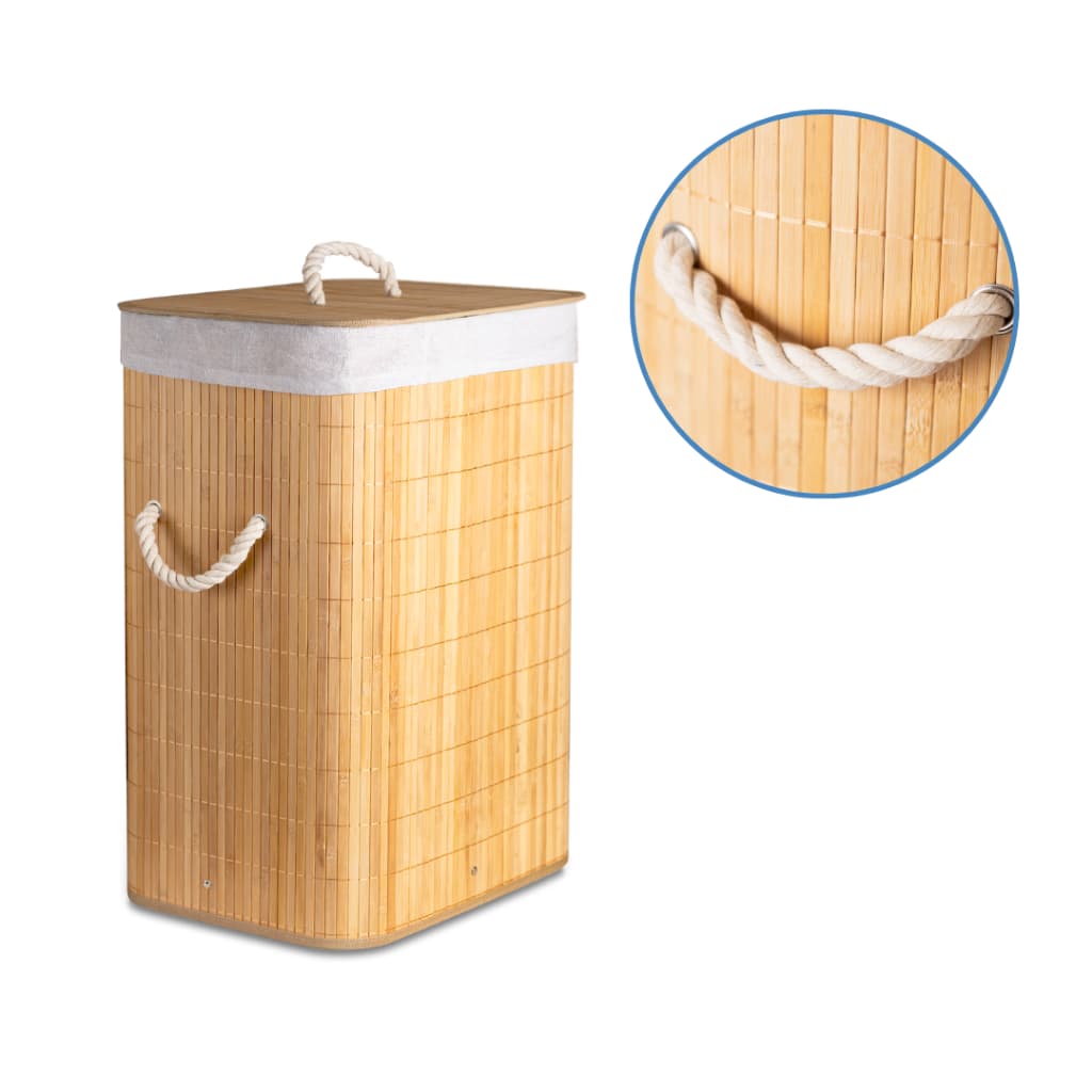 Cesto Roupa Suja Bambu Quadrado Dobrável 60L Com Tampa Organizador Lavanderia Banheiro Quarto