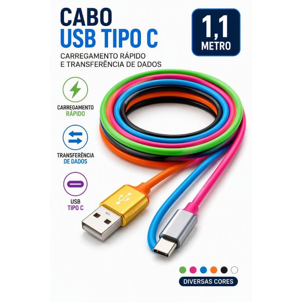 Cabo USB Tipo C + 1,1 Metro + Carga Rápida