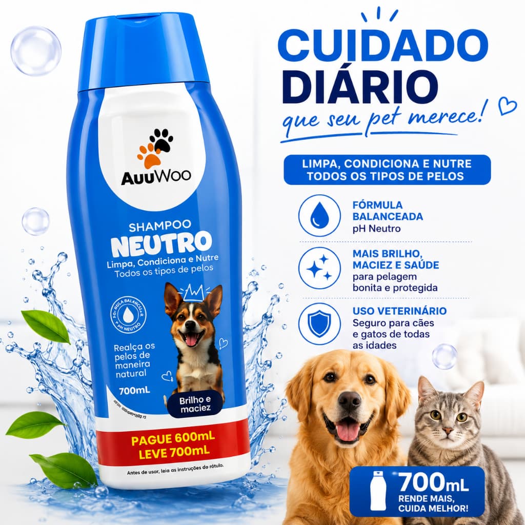 Shampoo Pet Neutro AuuWoo 700ml para Cães e Gatos Limpa Condiciona Nutre pH Balanceado Todos os Tipos de Pelos