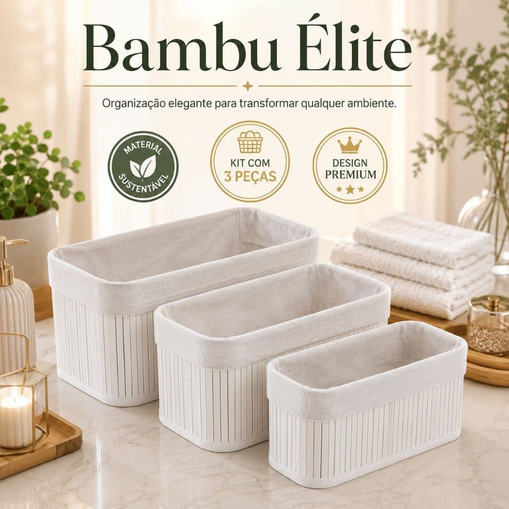Kit 3 Cestos Organizadores Bambu Branco Conjunto Cestos Decorativos Sustentaveis Armario Banheiro Sala