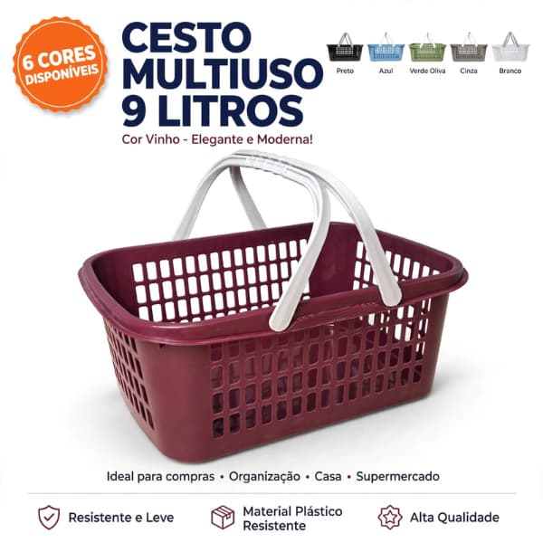 Cesto Organizador Multiuso 9 Litros com Alça Plástico Resistente Lavanderia Cozinha Loja Farmácia