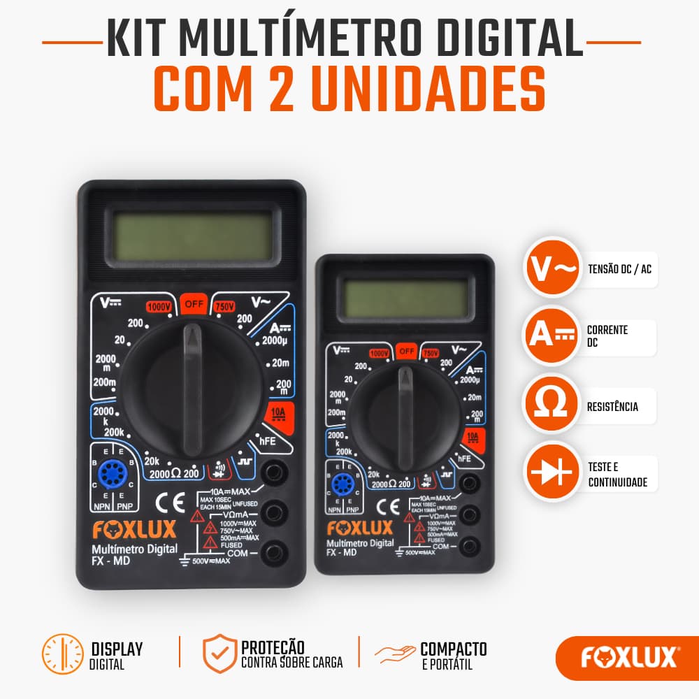 Multímetro Digital Foxlux com Teste de Continuidade Bipe Kit com 2