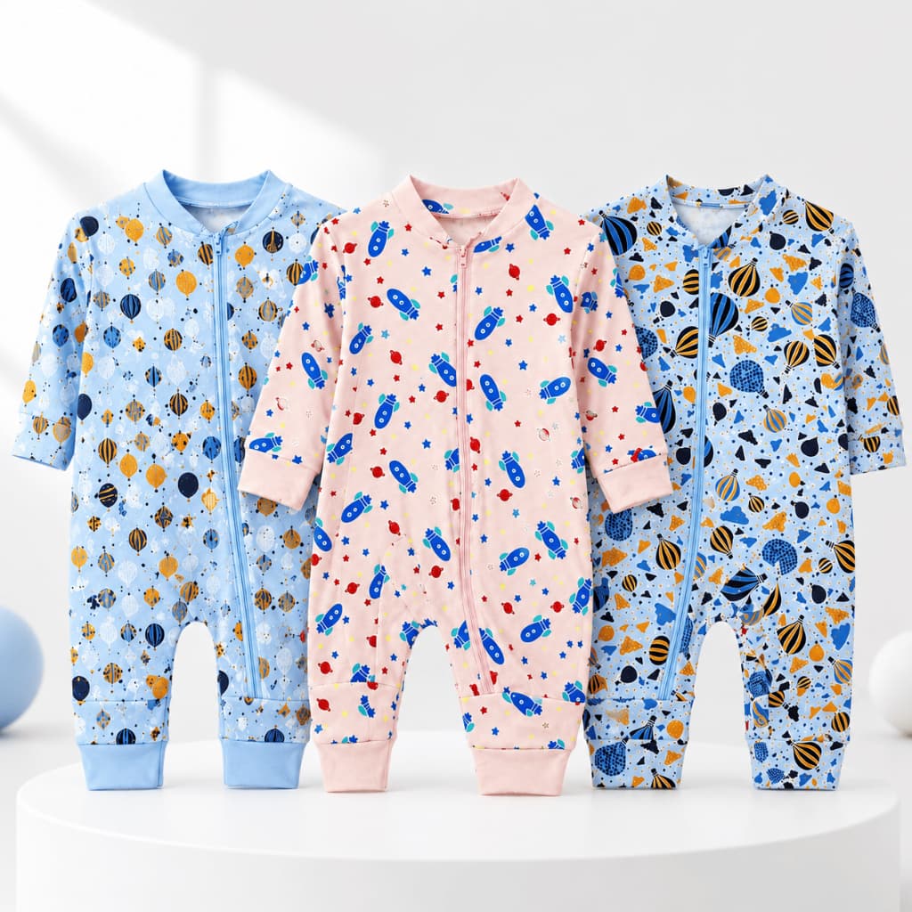Kit 3 Macacões Bebê Menino Estampados Sortidos Algodão Zíper Lateral Manga Longa Enxoval