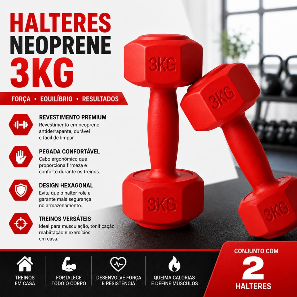 Par de Halteres Pesos 3kg Sextavado Vermelho Antiderrapante Revestido deal para Treino em Casa, Academia