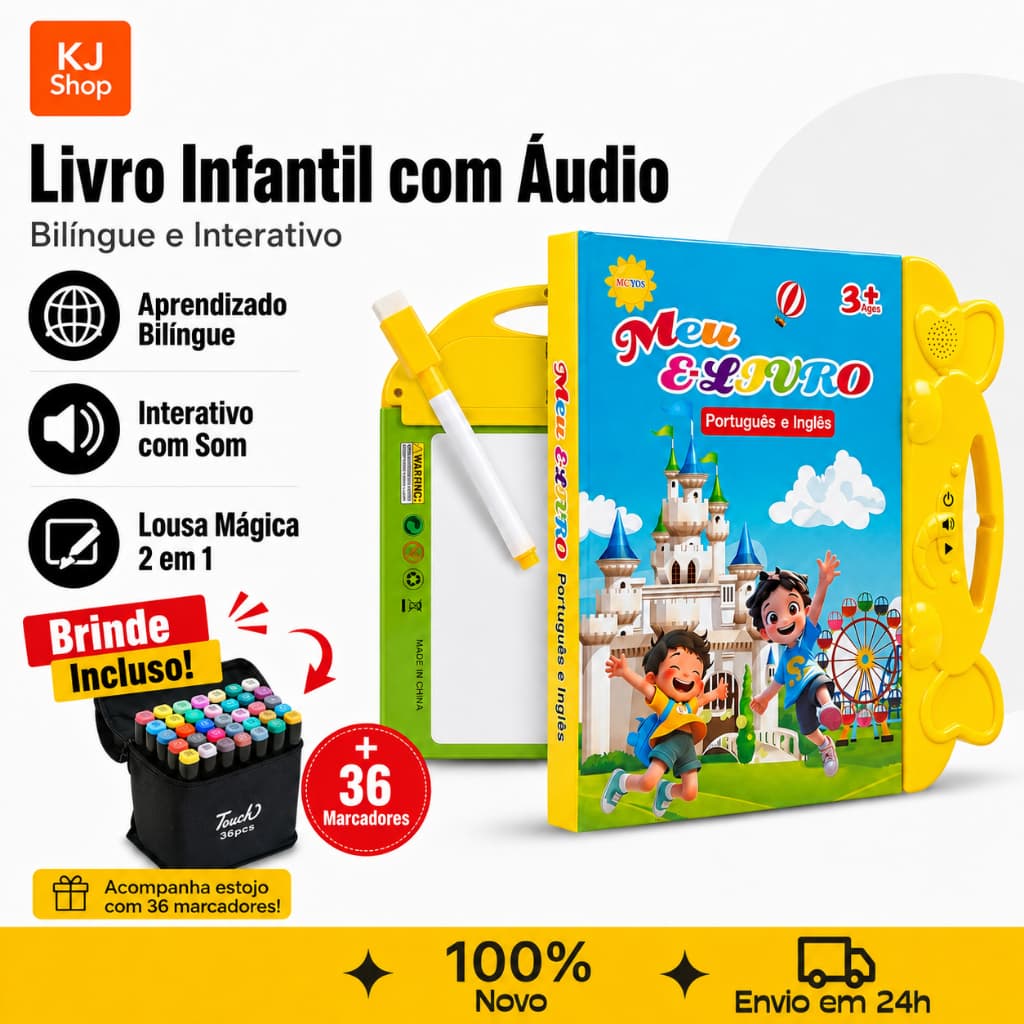 Livro Educativo Bilíngue Interativo Com Som e Lousa Mágica 2 em 1 Brinquedo Infantil