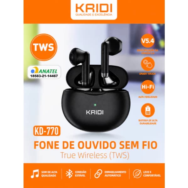 Fone Bluetooth Kaidi KD‑770 Original TWS Sem Fio Bluetooth 5.4, fone de ouvido in‑ear preto com som estéreo
