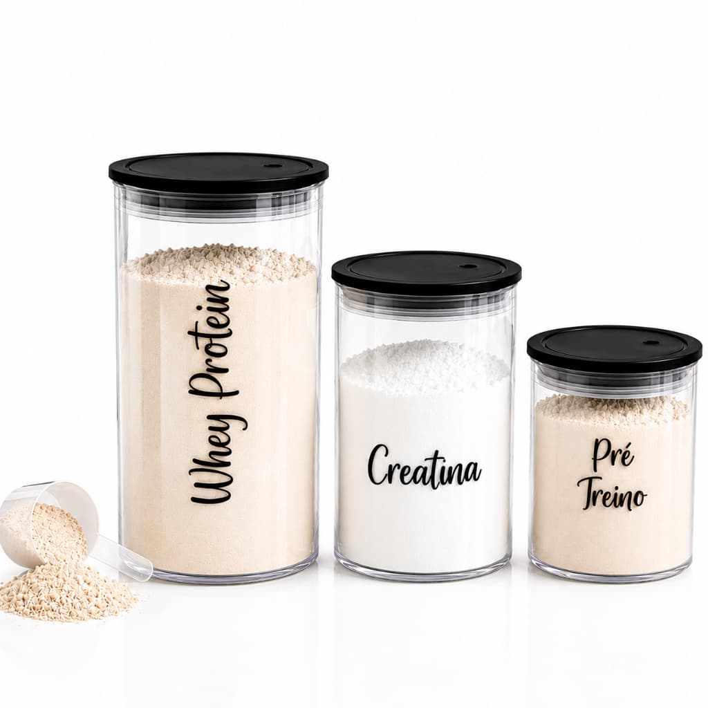 Kit Potes Herméticos Whey Protein Creatina Pré Treino Organizador para Suplementos
