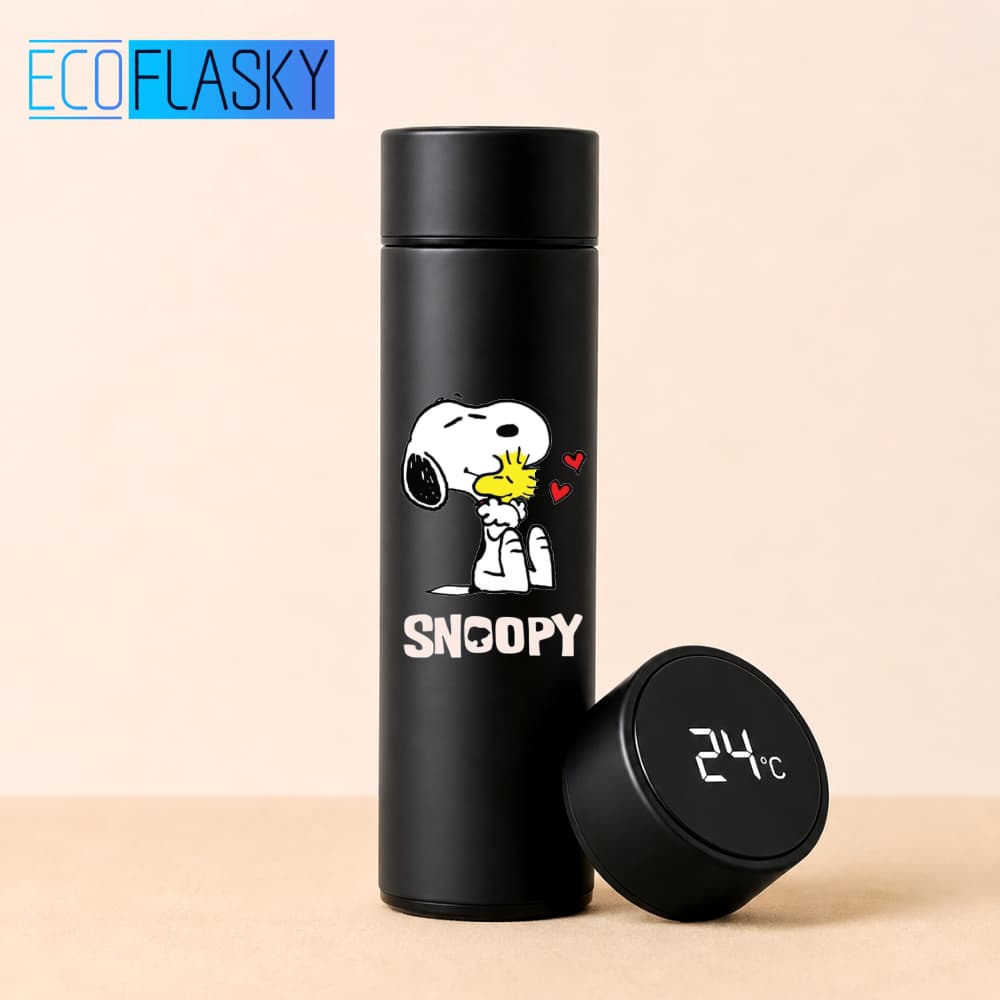 Garrafa Térmica de Água Infantil de Aço Inoxidável Snoopy com Termometro LED Digital Estampada 500ml
