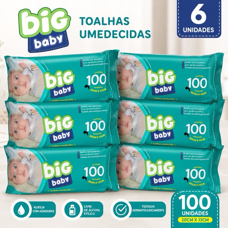 Kit 6 Toalhas Umedecidas Big Baby 100 Unidades Lenço Umedecido Bebê Sem Álcool Higiene Infantil