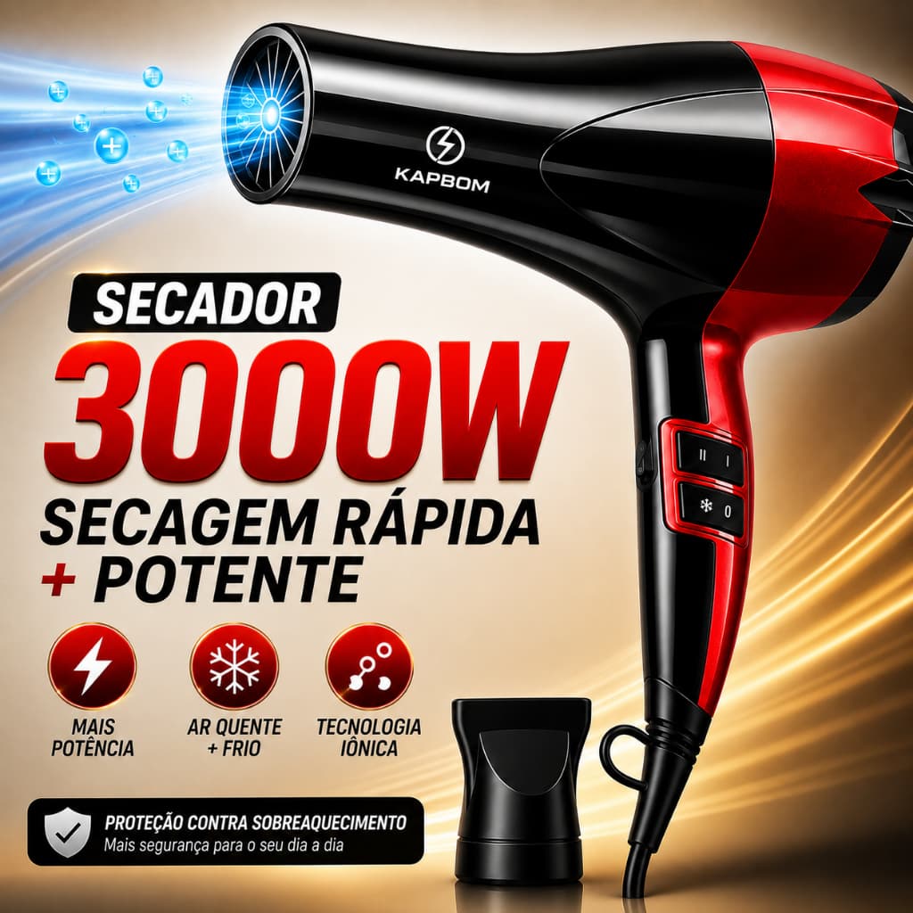 Secador de Cabelo Profissional 3000W 110V Íons Quente e Frio Secagem Rápida Bico Direcionador Salão