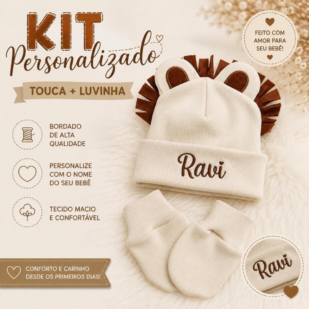Kit Touca RN  Personalizada Com Juba De Leão e Luva/Saída de Maternidade/Kit Presente Para Bebês/Enxoval Safari