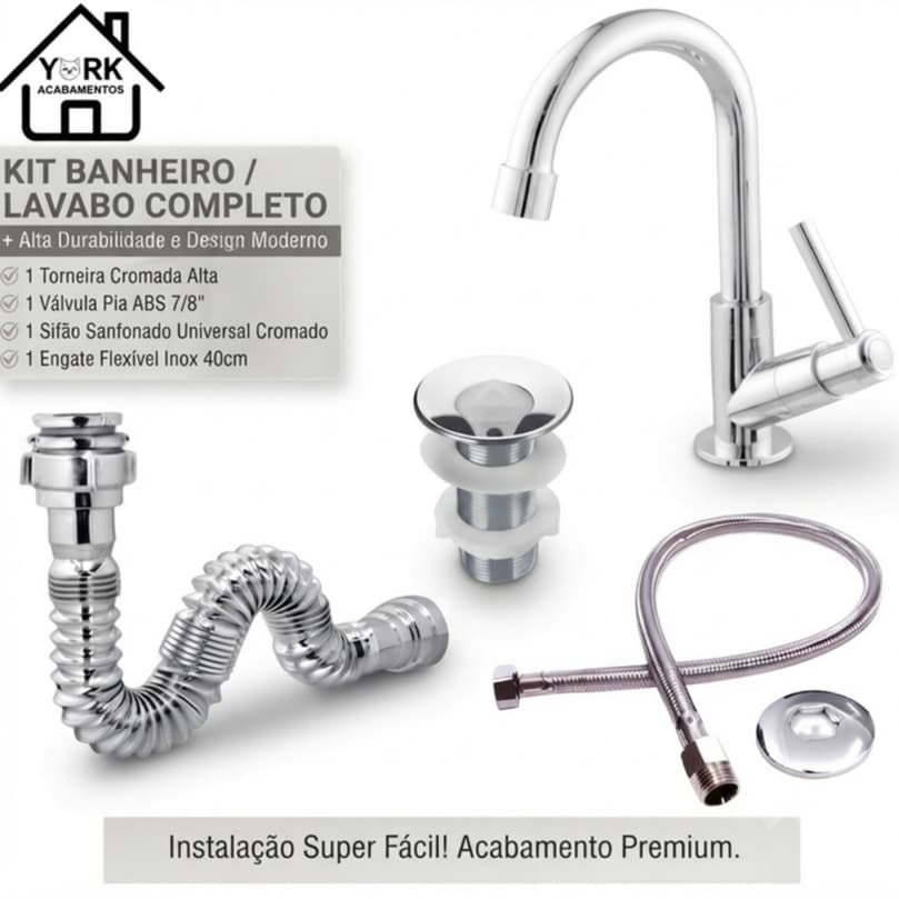 Kit P/ Pia Banheiro Lavabo Cromado Completo 1 Torneira 1 Valvula ABS 1 Sifão 1 Engate Inox 40cm