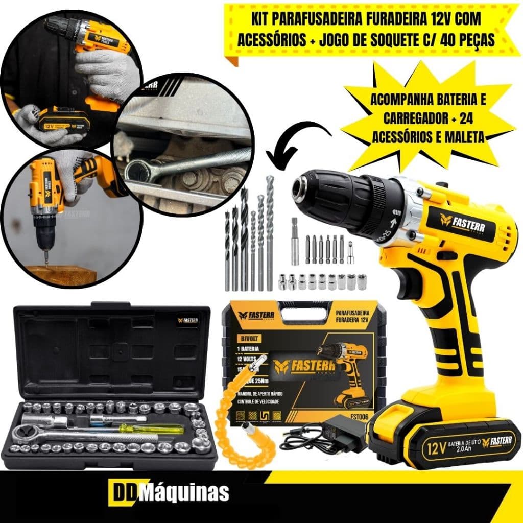 Kit Furadeira e Parafusadeira 12V Com Bateria 24 Acessórios e Maleta + Jogo De 40 Peças - Fasterr