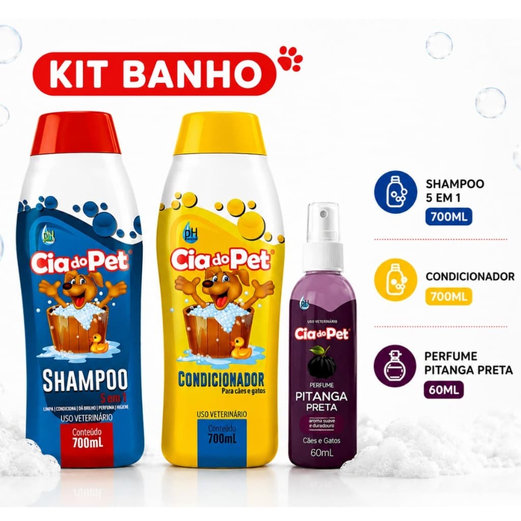 Kit Banho Pet Shampoo 700ml + Condicionador 700ml + Colônia Perfume Para Cães e Gatos pH Neutro Cia do Pet
