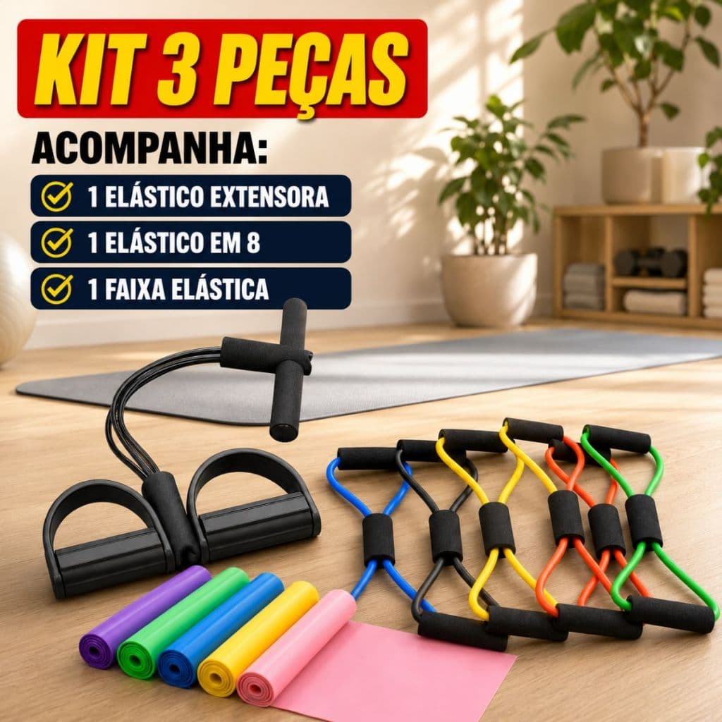 Conjunto Kit 3 Elásticos Multifuncional Exercícios Faixas Elástica Treino Musculação Pilates Yoga DuFit