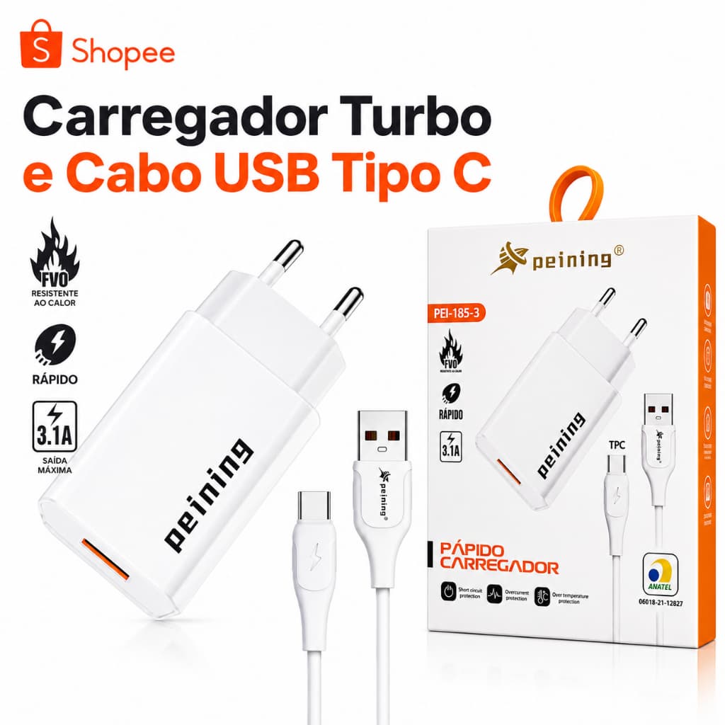 Carregador Rápido Peining e Cabo USB Tipo C Celular Tablet Notebook Homologado Anatel Turbo Dados