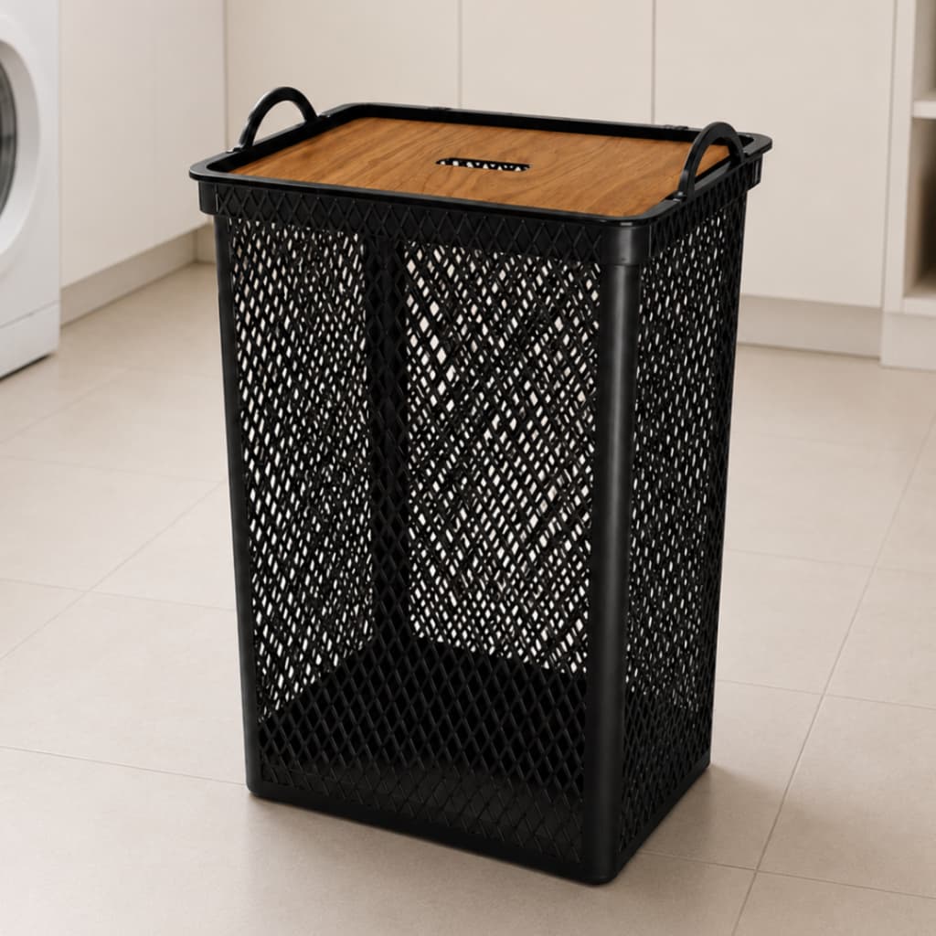 Cesto De Roupa Suja 49 Litros Grande Com Tampa Organizador Preto Telado Plástico Resistente - Banheiro Lavanderia