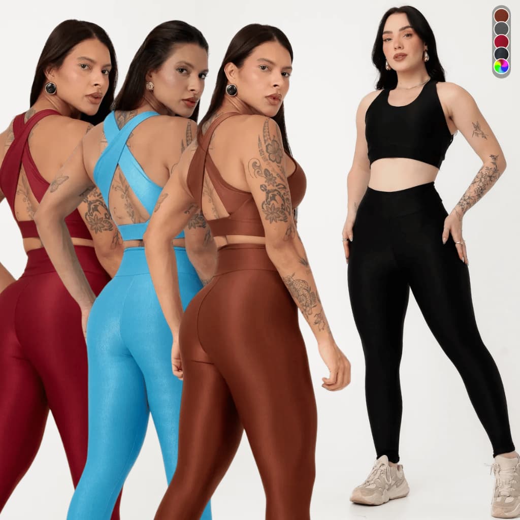 Conjunto Fitness Canelado Poliamida Calça Legging Top Feminino Zero Transparência Roupa Academia