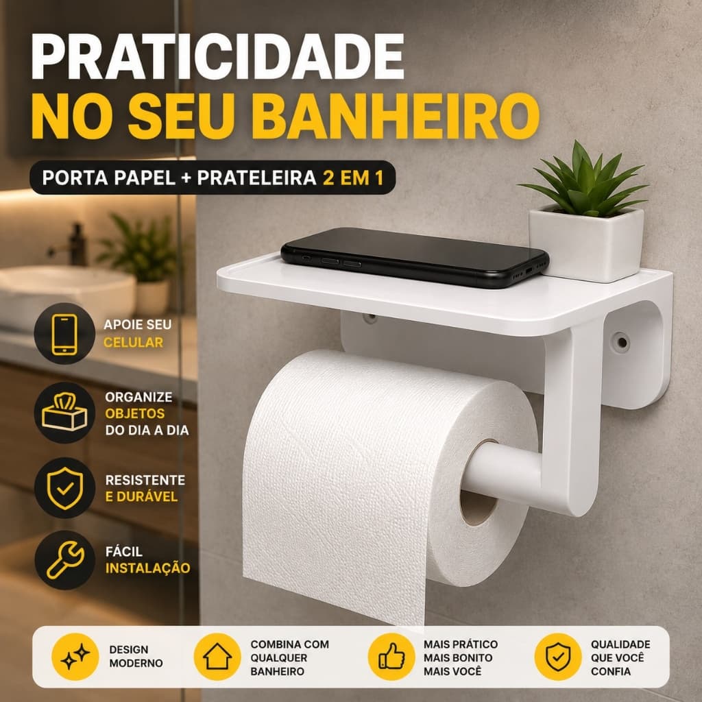 Porta Papel Higiênico com Prateleira Suporte para Celular Banheiro Organizador de Parede Multiuso