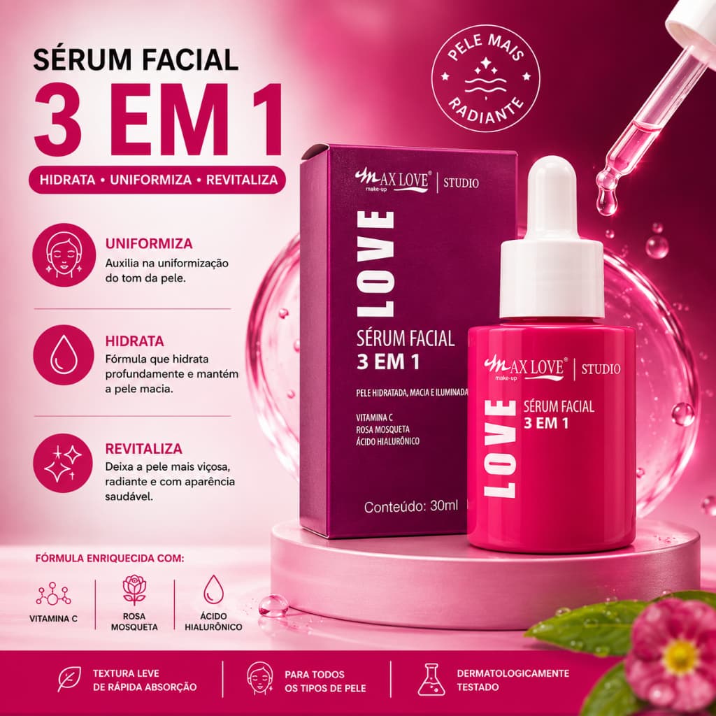 Sérum Facial 3 em 1 Max Love, Vitamina C, Rosa Mosqueta, Ácido Hialurônico, Hidratação, Luminosidade