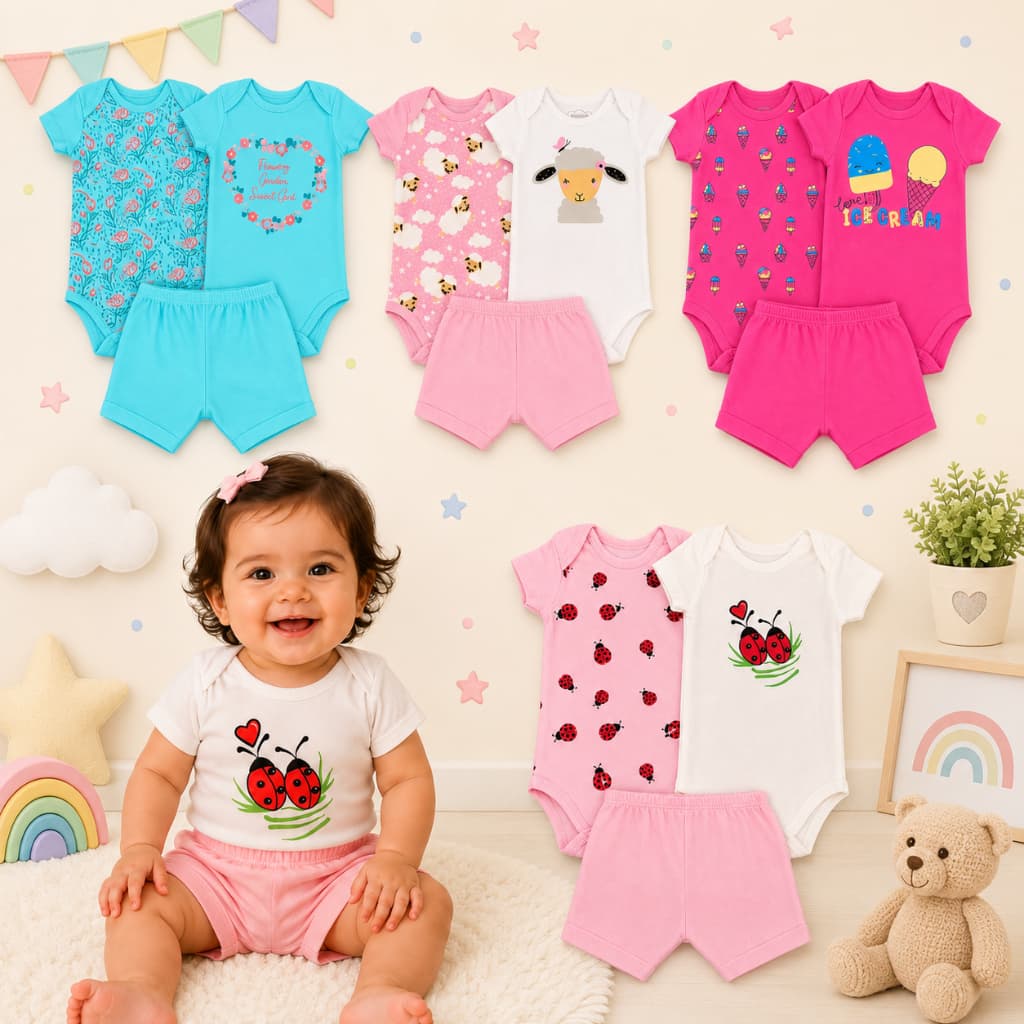 Kit Roupa de Bebê Body Manga Curta + Shorts Roupa Infantil Menina ou Menino Algodão Roupa Verão