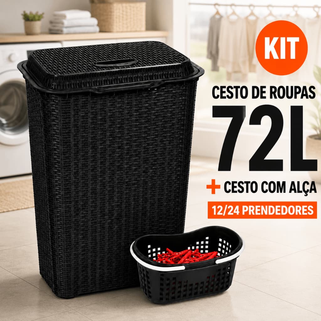Kit Cesto de Roupas Suja Grande 72L + Cesto com Alça + 12/24 Prendedores Plástico Resistente Varal Lavanderia Banheiro