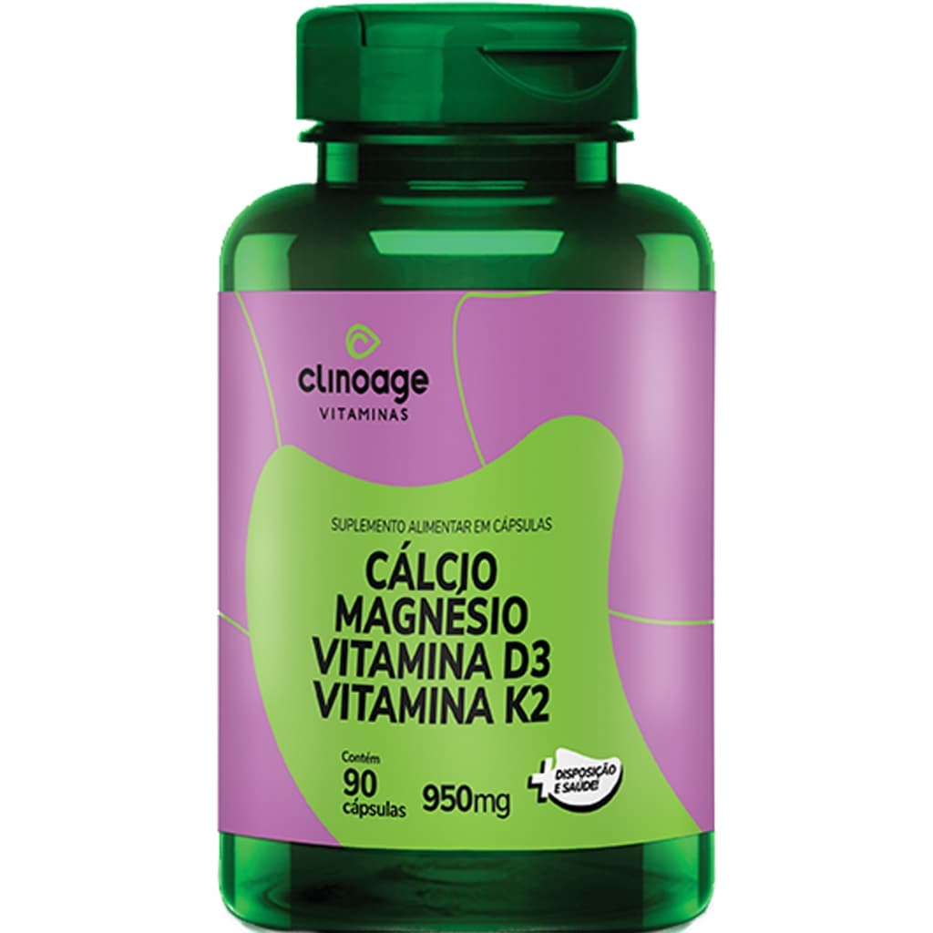 Cálcio + Magnésio + Vitamina K2 + Vitamina D3 - 90 Cápsulas 950mg - Clinoage