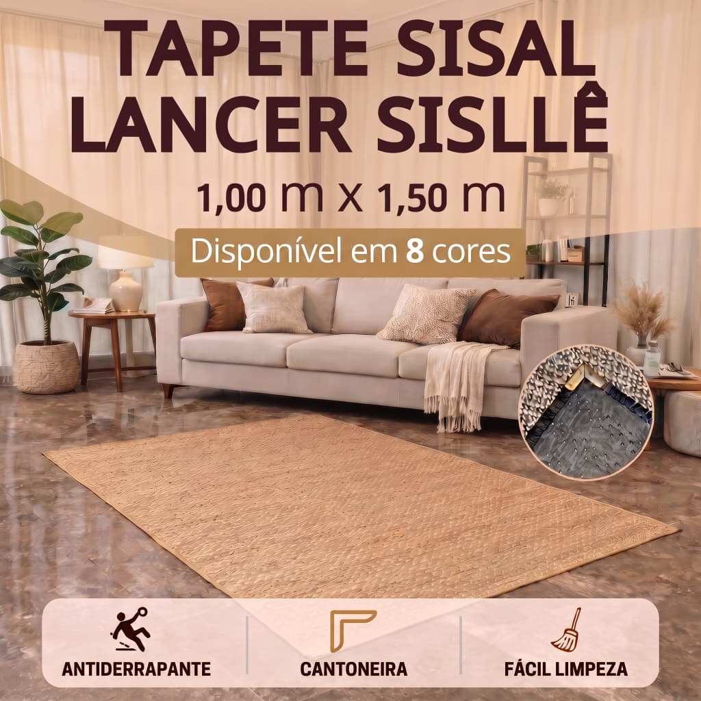 Tapete Sala 1,50 x 1,00m Sisal Lancer Sisllê Antiderrapante Cantoneira Aço Cromado Quarto Escritório