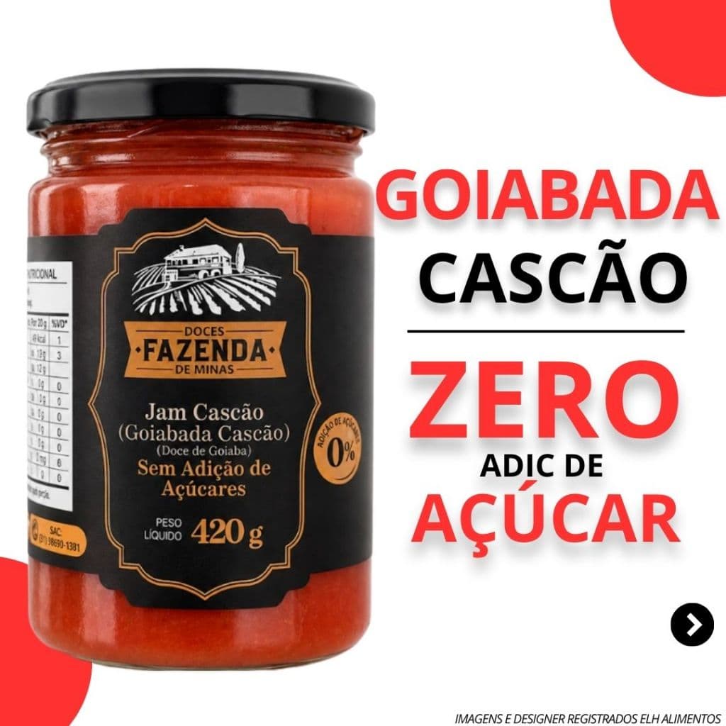 Goiabada Zero Açúcar Adicionado Cremosa 420 g  JAM Cascão  Fazenda de Minas Diet Sem Glúten Saudável