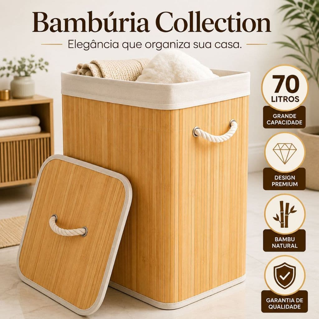 Cesto de Roupa Bambu 70 Litros Organizador com Tampa Dobrável Lavanderia Quarto Closet Banheiro