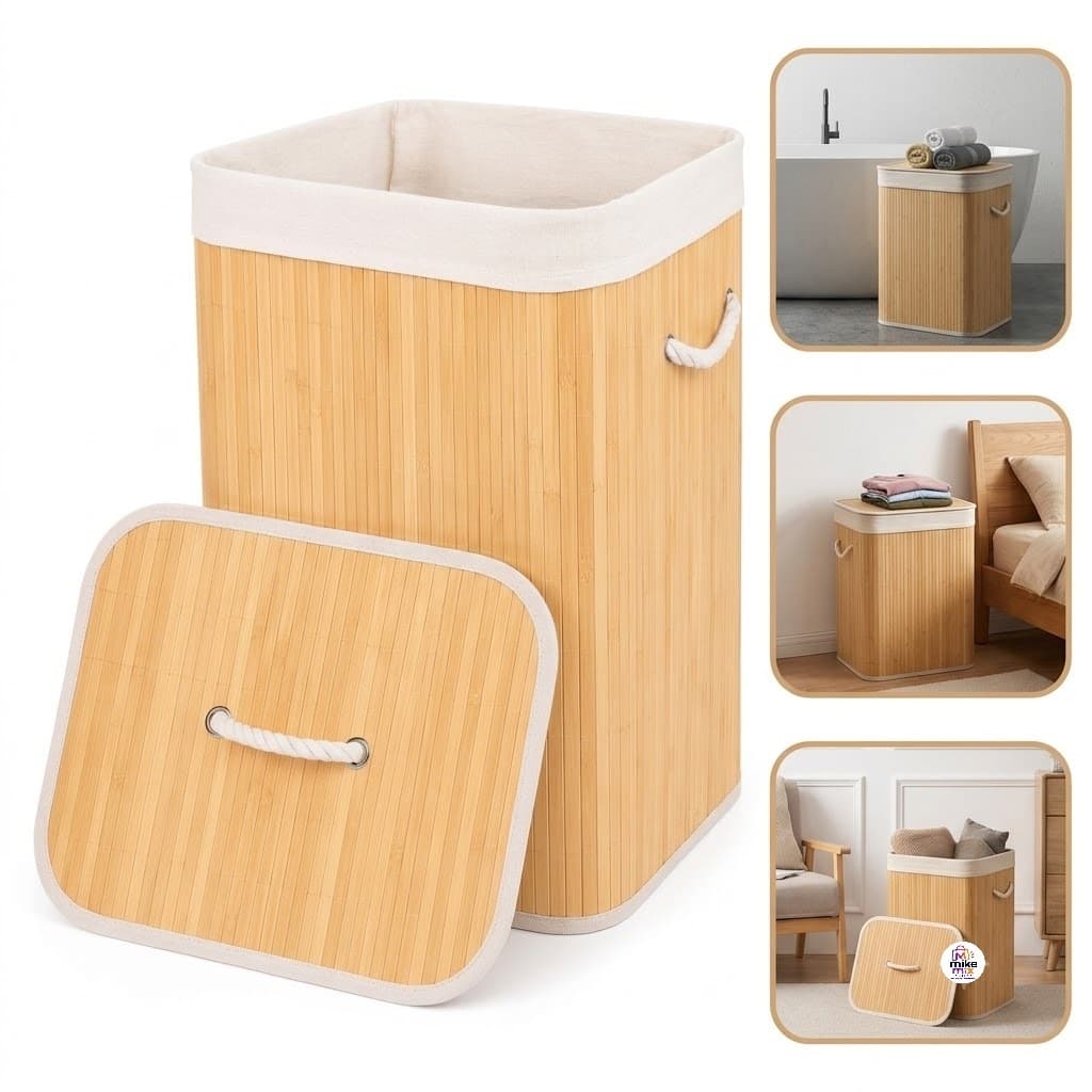 Cesto de Bambu 70L com Tampa e Alças Organizador de Roupas Sujas Lavanderia Banheiro Cesto de Palha Grande