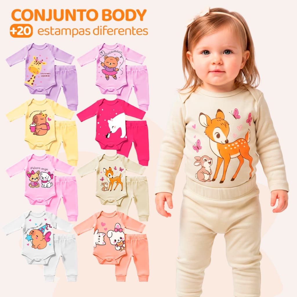 Kit 4 Peças de Roupas para Bebê Menina (2 Body Longo + 2 Calça Mijão) Kit 2 Body Roupa Infantil Bebê