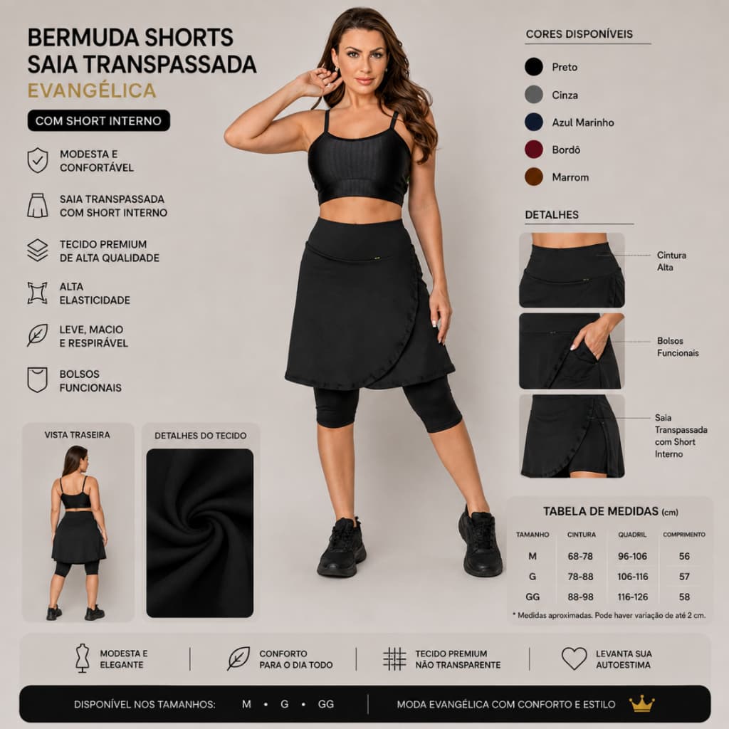 Bermuda Shorts Saia Transpassada Evangelica Academia Fitness Yoga Casual Caminhada