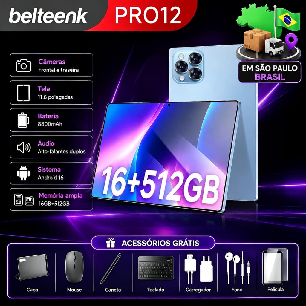 belteenk Tablet  Pro12 | 16GB RAM 512GB | Android 16 | Tela 11.6" HD |8800mAh | 5G | Com Teclado e Mouse Grátis