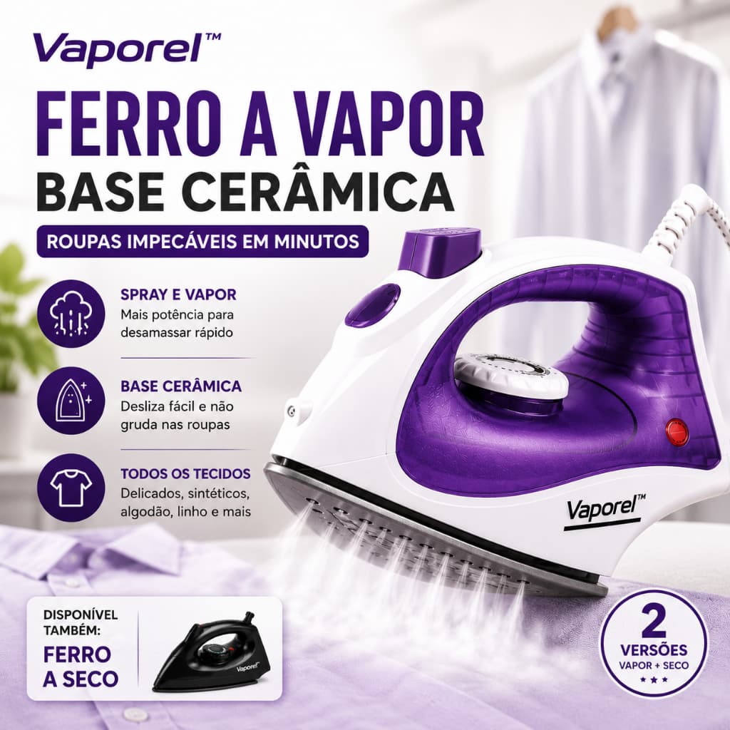 Ferro de Passar Roupas a Vapor ou Seco 1000W 1500W Base Cerâmica Antiaderente Alta Potencia 127V/220V