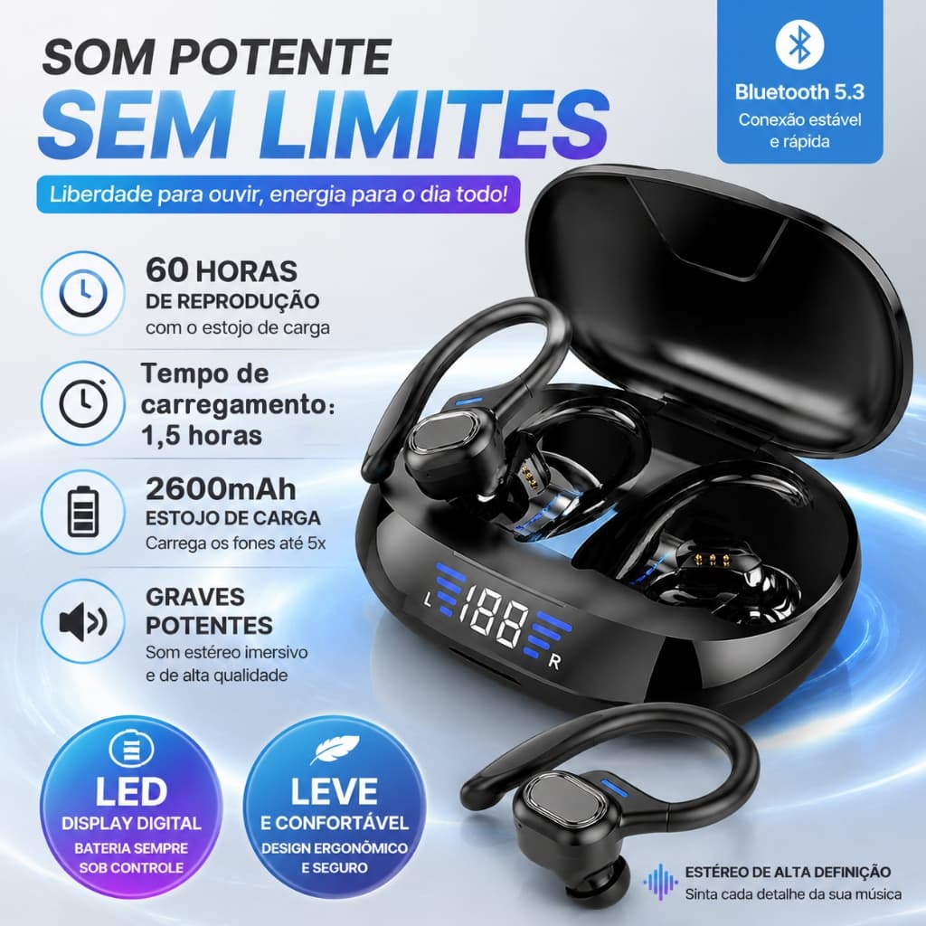 Fone de Ouvido Bluetooth 5.3 TWS com LED Digital, 60h de Bateria, Graves Potentes, Estojo 2600mAh, Som Estéreo