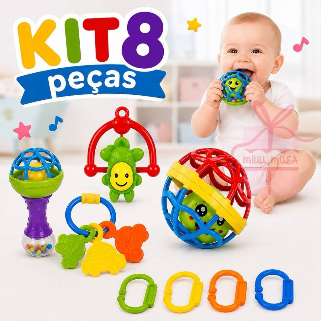 KIT Brinquedo Bebe Chocalho Mordedor Silicone Macio Bola Colorida Presente Para Menina e Menino