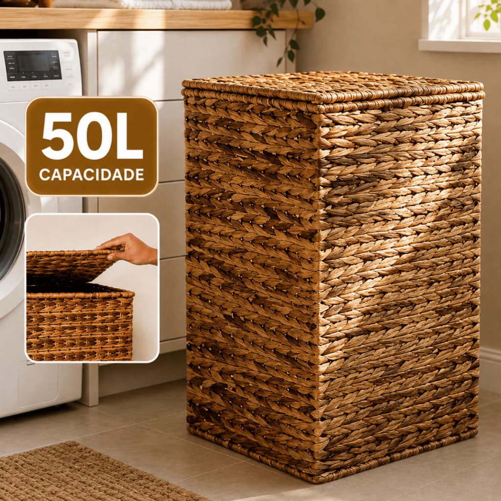 Cesto de Roua Fibra Natural 50cm Grande Organizador Banheiro Quarto Lavanderia Com Tampa Oikos 50L