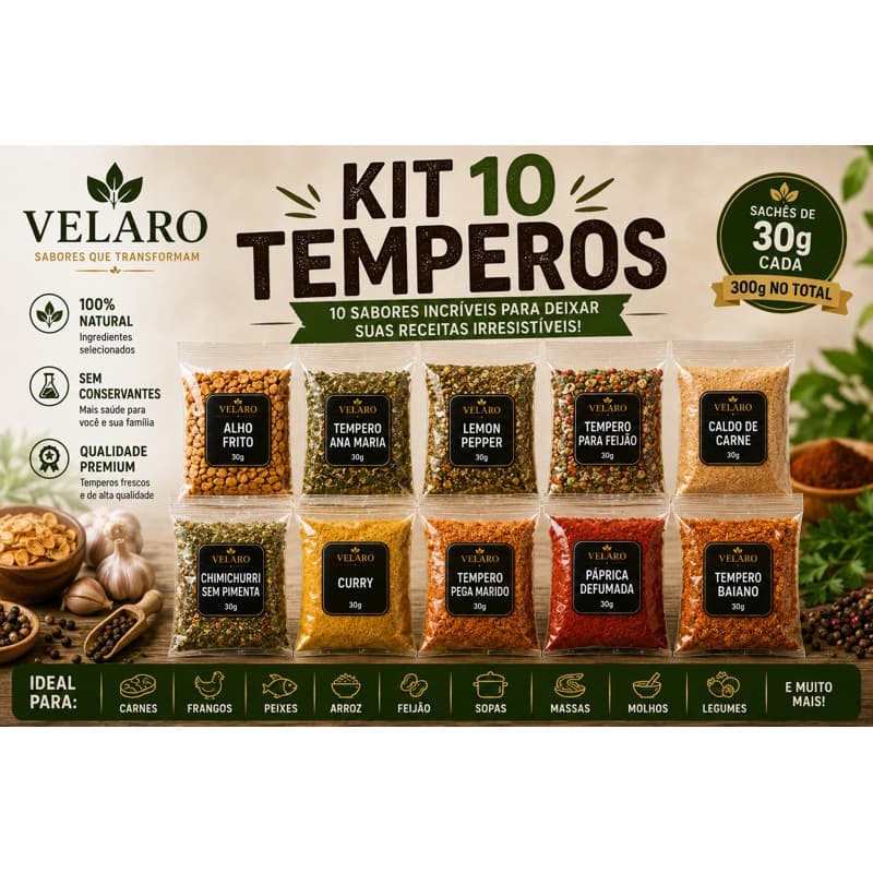 Kit 10 Temperos 30g | Alho Frito, Lemon Pepper, Curry, Páprica e Mais (kt01)