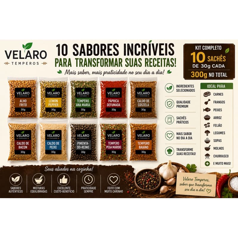 Kit 10 Temperos 30g Cada Especiarias para Carnes Frango Feijão Arroz Churrasco e Receitas | Velaro 🌿🔥