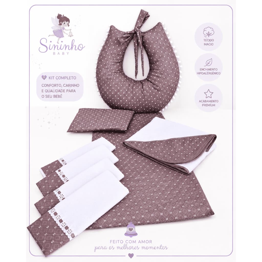 Kit Enxoval Bebê 9 Peças Estampa Neutra | Almofada Amamentação + Toalha Capuz + Paninhos + Colchonete com Travesseiro