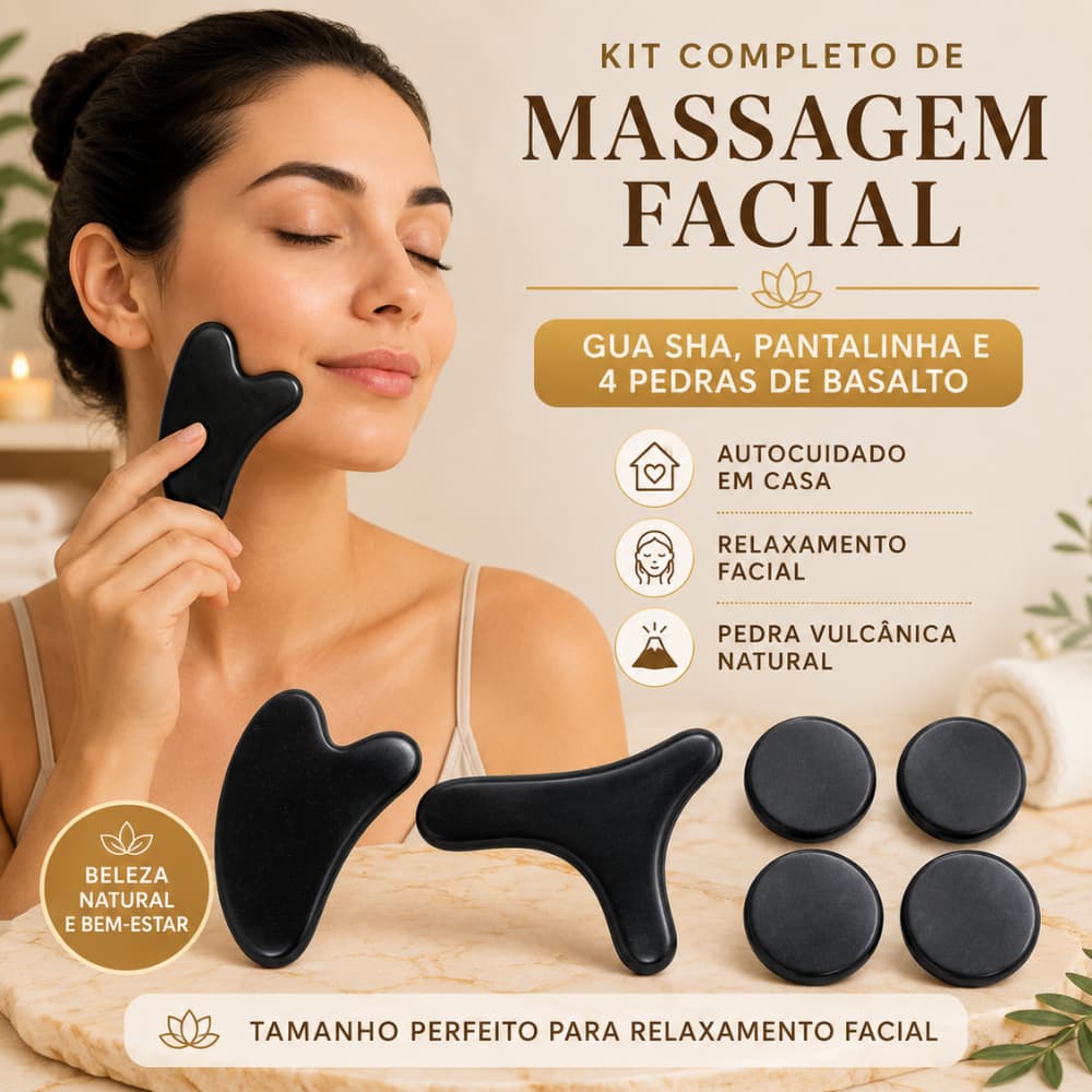 Kit Completo de Massagem Facial em Pedra Vulcânica - Guasha, Pantalinha e Pedras de Basalto