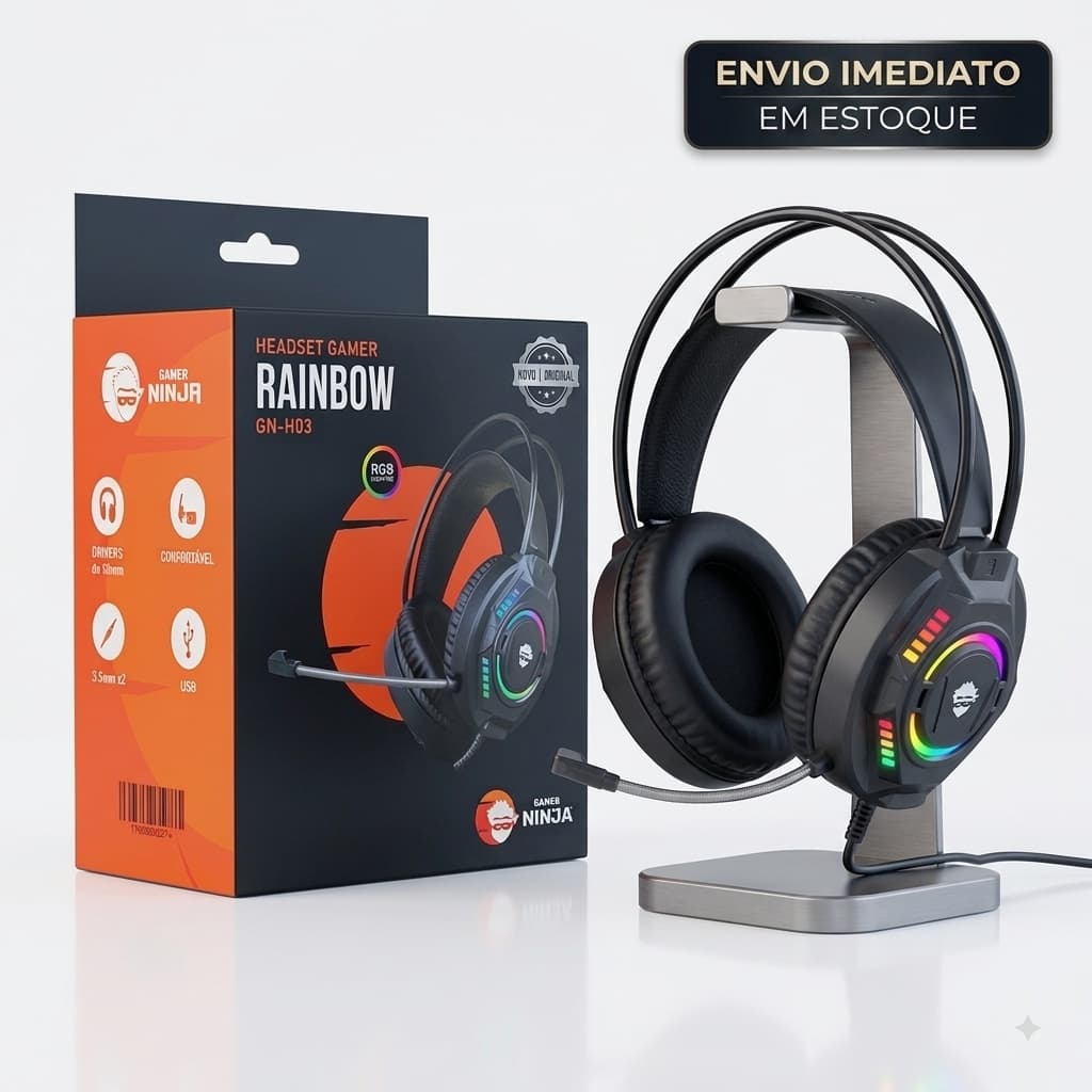 Fone de Ouvido Gamer Ninja Rainbow Com Microfone Luz RGB Bass Potente Cabo 2m P2 USB Para Jogos PC Gamer Notebook