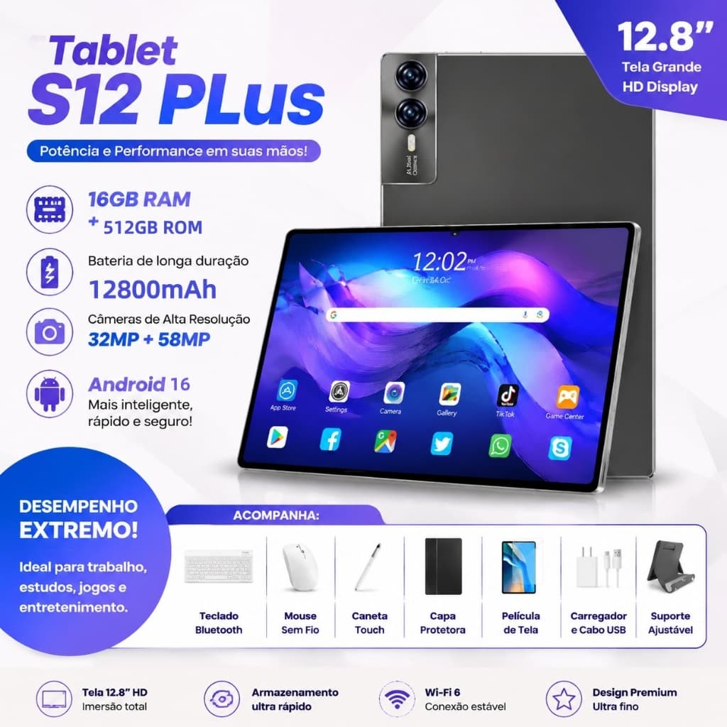 Galaxy TABLET 5G S12 PLUS  12.8" 16GB RAM 512GB ROM | ANDROID 16 🚀 12800mAh + Acessórios MEGA KIT (Teclado/Mouse/Caneta)