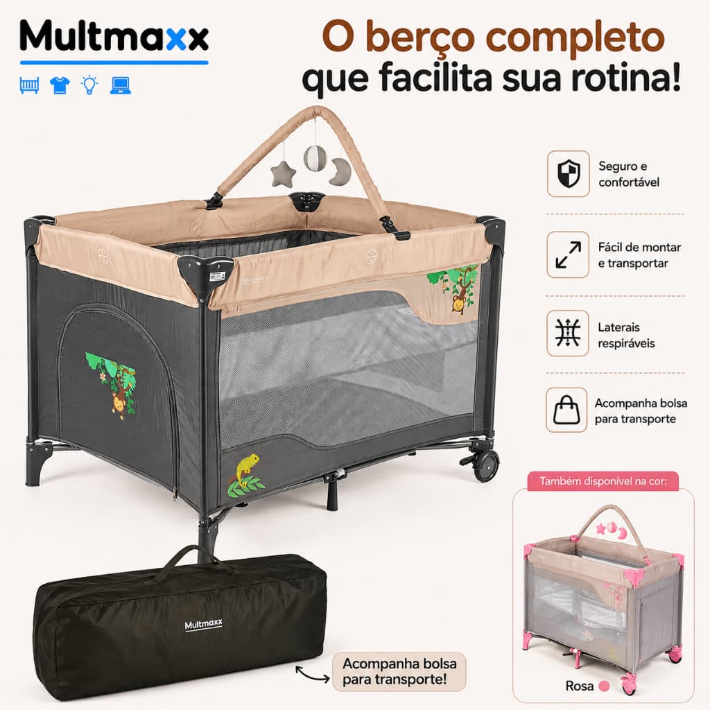 Berço Portátil Infantil 2 Alturas Demontavel Cercadinho Com Rodinhas e Mobile Cercado Bercinho