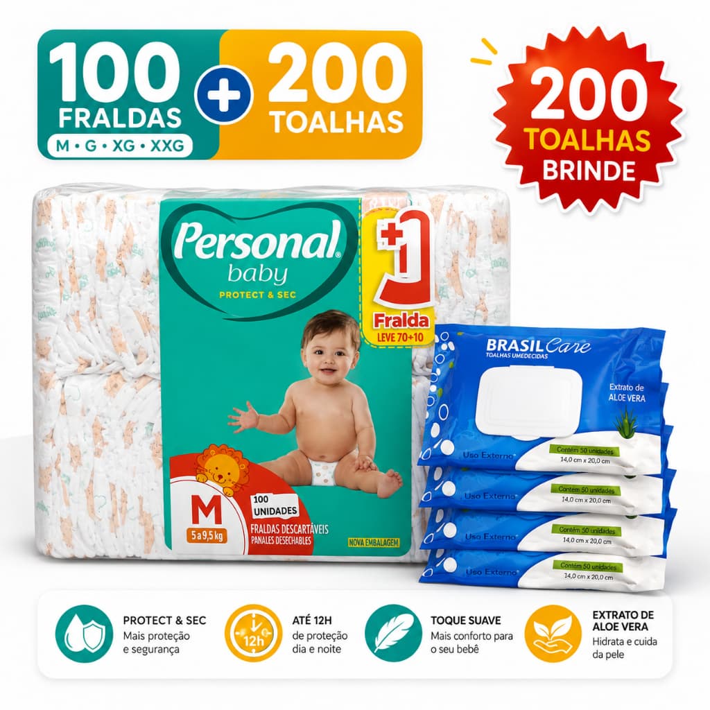 Kit 100 Fraldas + toalhas umedecidas Personal Baby M(5-9,5kg) G(8-12,5kg) XG(11,5-15kg) XXG(14-18kg)